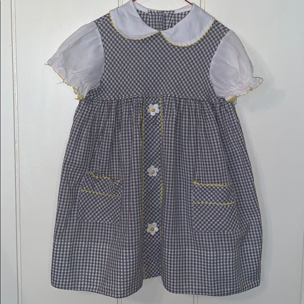 ‎Vtg homemade white/gray/yellow little girl dress